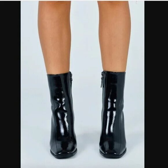 Princess Polly Kia Black Patent Leather Heeled Ankle Boots 6 - Picture 6 of 10